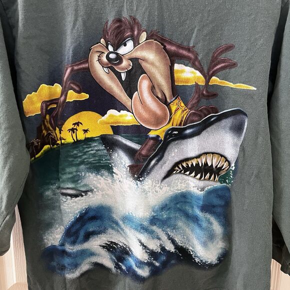 Vintage Looney Tunes Tazmanian Devil Surfing Shark Long Sleeve Top Youth Size L - Picture 4 of 16